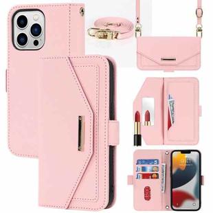 For iPhone 13 Pro Max Cross Texture Lanyard Leather Phone Case(Pink)