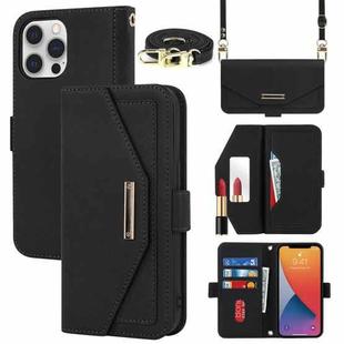 For iPhone 12 Pro Max Cross Texture Lanyard Leather Phone Case(Black)
