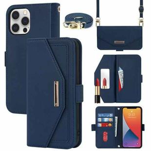 For iPhone 12 Pro Max Cross Texture Lanyard Leather Phone Case(Blue)
