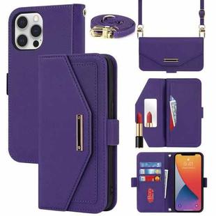 For iPhone 12 Pro Max Cross Texture Lanyard Leather Phone Case(Purple)