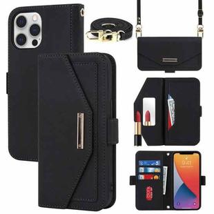 For iPhone 12 / 12 Pro Cross Texture Lanyard Leather Phone Case(Black)