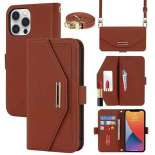 For iPhone 12 / 12 Pro Cross Texture Lanyard Leather Phone Case(Brown)