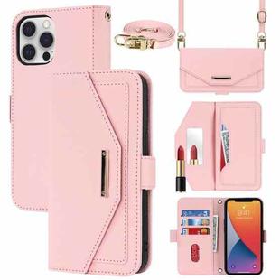 For iPhone 12 / 12 Pro Cross Texture Lanyard Leather Phone Case(Pink)