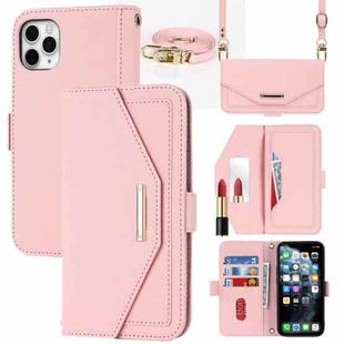 For iPhone 11 Pro Max Cross Texture Lanyard Leather Phone Case(Pink)
