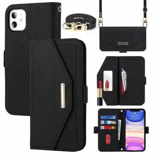 For iPhone 11 Cross Texture Lanyard Leather Phone Case(Black)