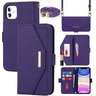 For iPhone 11 Cross Texture Lanyard Leather Phone Case(Purple)