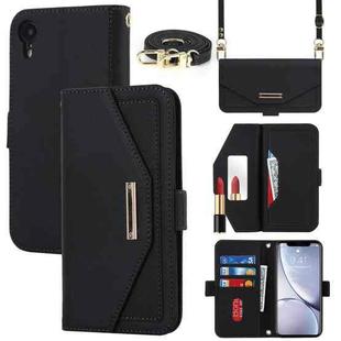 For iPhone XR Cross Texture Lanyard Leather Phone Case(Black)