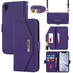 For iPhone XR Cross Texture Lanyard Leather Phone Case(Purple)