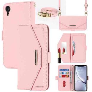 For iPhone XR Cross Texture Lanyard Leather Phone Case(Pink)