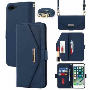 For iPhone 8 Plus / 7 Plus Cross Texture Lanyard Leather Phone Case(Blue)