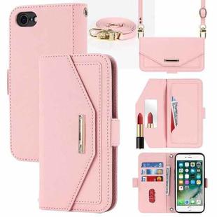 For iPhone SE 2022 / SE 2020 / 8 / 7 Cross Texture Lanyard Leather Phone Case(Pink)