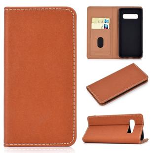 For Galaxy S10 Plus Solid Color Frosted Magnetic Horizontal Flip Leather Case with Card Slots & Holder(Brown)