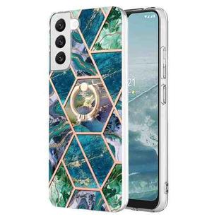 For Samsung Galaxy S23 5G Splicing Marble Flower IMD TPU Phone Case Ring Holder(Blue Green)