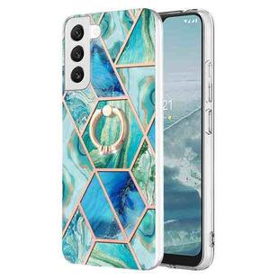 For Samsung Galaxy S23 5G Splicing Marble Flower IMD TPU Phone Case Ring Holder(Green)