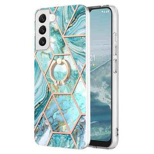 For Samsung Galaxy S23 5G Splicing Marble Flower IMD TPU Phone Case Ring Holder(Blue)