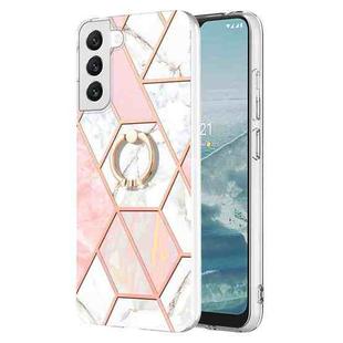 For Samsung Galaxy S23+ 5G Splicing Marble Flower IMD TPU Phone Case Ring Holder(Pink White)