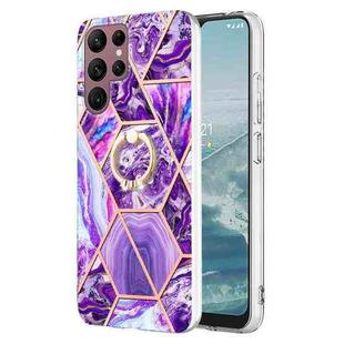 For Samsung Galaxy S23 Ultra 5G Splicing Marble Flower IMD TPU Phone Case Ring Holder(Light Purple)