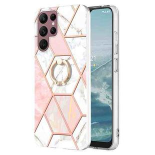 For Samsung Galaxy S23 Ultra 5G Splicing Marble Flower IMD TPU Phone Case Ring Holder(Pink White)