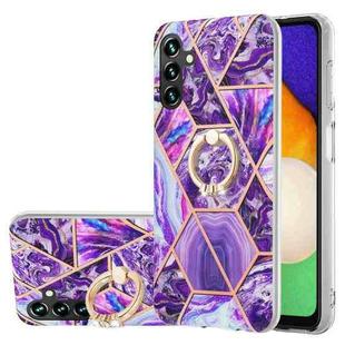 For Samsung Galaxy A14 5G Splicing Marble Flower IMD TPU Phone Case Ring Holder(Dark Purple)