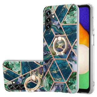 For Samsung Galaxy A14 5G Splicing Marble Flower IMD TPU Phone Case Ring Holder(Blue Green)