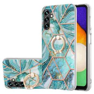 For Samsung Galaxy A14 5G Splicing Marble Flower IMD TPU Phone Case Ring Holder(Blue)