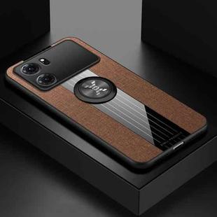 For OPPO K10 XINLI Stitching Cloth Textue TPU Phone Case with Ring Holder(Brown)
