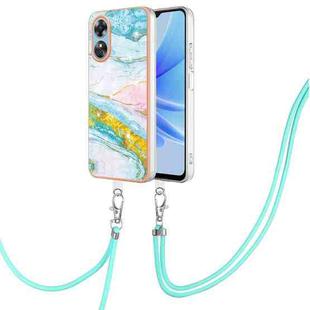 For OPPO A17 Electroplating Marble Dual-side IMD Phone Case with Lanyard(Green 004)