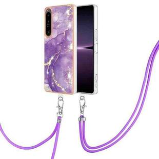 For Sony Xperia 1 IV Electroplating Marble Dual-side IMD Phone Case with Lanyard(Purple 002)