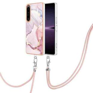 For Sony Xperia 1 IV Electroplating Marble Dual-side IMD Phone Case with Lanyard(Rose Gold 005)