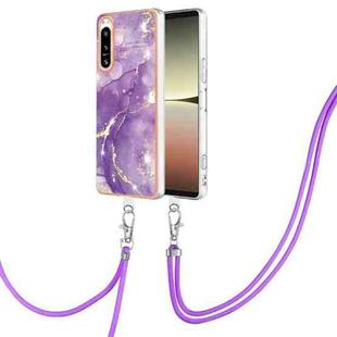 For Sony Xperia 5 IV Electroplating Marble Dual-side IMD Phone Case with Lanyard(Purple 002)