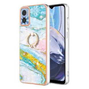For Motorola Moto E22 Electroplating Marble IMD Phone Case with Ring Holder(Green 004)