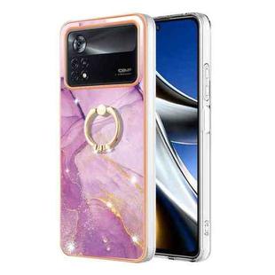 For Xiaomi Poco X4 Pro 5G Electroplating Marble IMD Phone Case with Ring Holder(Purple 001)