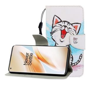 For One Plus 8 Pro Colored Drawing Horizontal Flip Leather Case with Holder & Card Slot & Wallet(Red Mouth Cat)