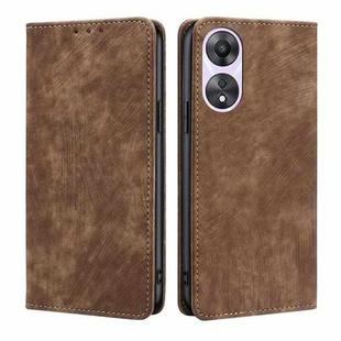 For OPPO A58 5G RFID Anti-theft Brush Magnetic Leather Phone Case(Brown)