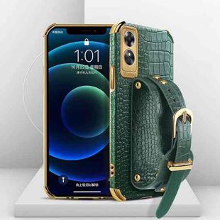 For OPPO A17 Electroplated TPU Crocodile Pattern Leather Case with Wrist Strap(Green)