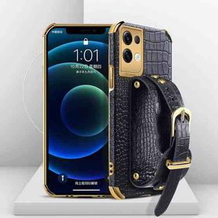 For OPPO Reno8 Pro+ Electroplated TPU Crocodile Pattern Leather Case with Wrist Strap(Black)