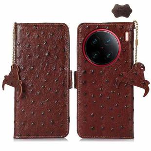 For vivo X90 Pro+ Ostrich Pattern Genuine Leather RFID Phone Case(Coffee)