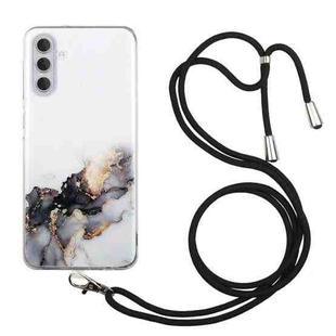 For Samsung Galaxy S23 5G Hollow Marble Pattern TPU Shockproof Phone Case with Neck Strap Rope(Black)