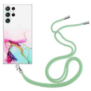 For Samsung Galaxy S23 Ultra 5G Hollow Marble Pattern TPU Shockproof Phone Case with Neck Strap Rope(Green)