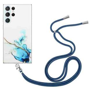 For Samsung Galaxy S23 Ultra 5G Hollow Marble Pattern TPU Shockproof Phone Case with Neck Strap Rope(Blue)