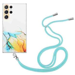 For Samsung Galaxy S23 Ultra 5G Hollow Marble Pattern TPU Shockproof Phone Case with Neck Strap Rope(Yellow)