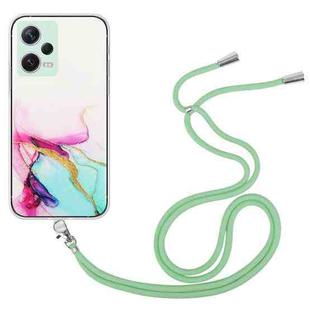 For Xiaomi Redmi Note 12 Pro 5G China Hollow Marble Pattern TPU Shockproof Phone Case with Neck Strap Rope(Green)