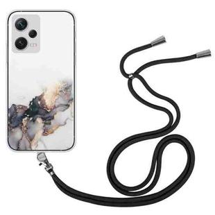 For Xiaomi Redmi Note 12 Pro 5G China Hollow Marble Pattern TPU Shockproof Phone Case with Neck Strap Rope(Black)