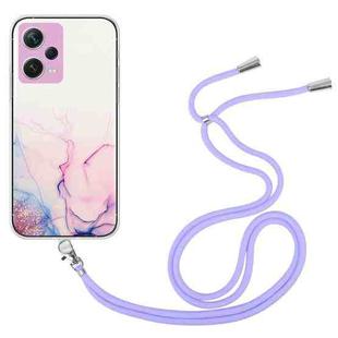 For Xiaomi Redmi Note 12 Pro 5G China Hollow Marble Pattern TPU Shockproof Phone Case with Neck Strap Rope(Pink)