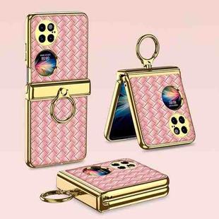 For Huawei P50 Pocket GKK Magnetic Shaft Electroplated Plain Leather Woven Texture Phone Case with Ring(Pink)