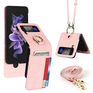 For Samsung Galaxy Z Flip4 5G Cross Texture Lanyard Ring Phone Case(Pink)