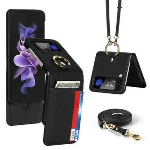 For Samsung Galaxy Z Flip4 5G Cross Texture Lanyard Ring Phone Case(Black)