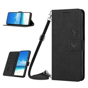 For OPPO A17 Skin Feel Heart Embossed Leather Phone Case with Lanyard(Black)