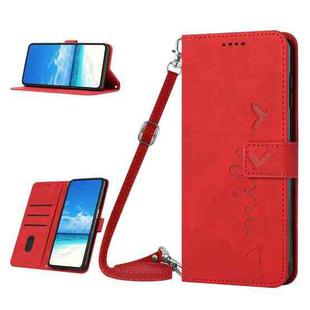 For OPPO A17 Skin Feel Heart Embossed Leather Phone Case with Lanyard(Red)
