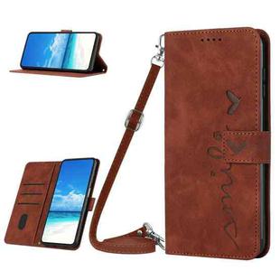 For Sony Xperia 1 IV Skin Feel Heart Embossed Leather Phone Case with Lanyard(Brown)